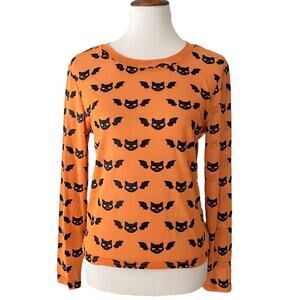 ModCloth X Dangerfield Orange Long Sleeve Cat Bat Print Sheer Top Size 14